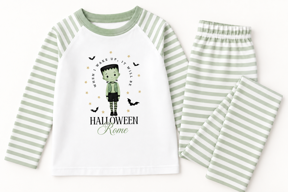 PERSONALISED Halloween PJ set🎃- Stripe Sage Green